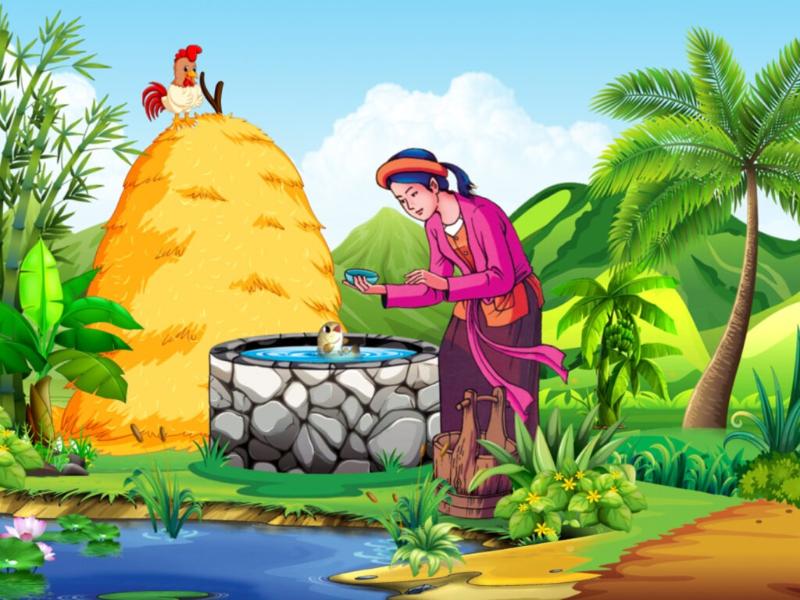 Vẽ truyện cổ tích đơn giản đẹp và sáng tạo cho học sinh 5 Tấm bên giếng nước và cá bống, khung cảnh thanh bình của câu chuyện cổ tích Việt Nam.
