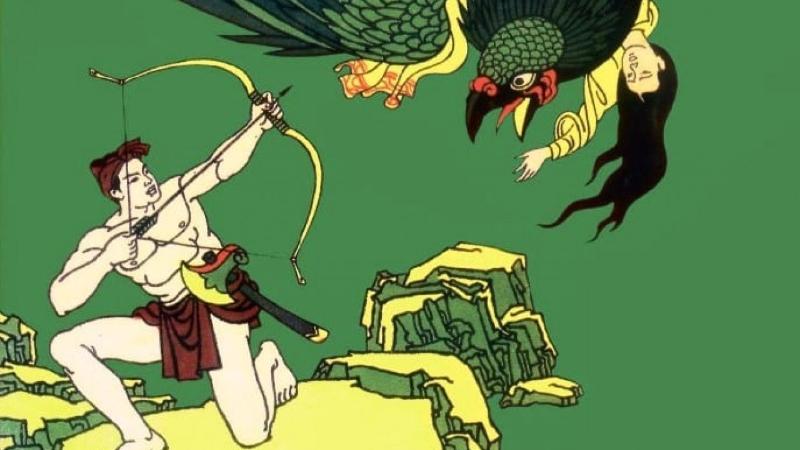 Vẽ truyện cổ tích đơn giản đẹp và sáng tạo cho học sinh 8 Thạch Sanh dũng cảm giương cung bắn đại bàng để giải cứu công chúa.