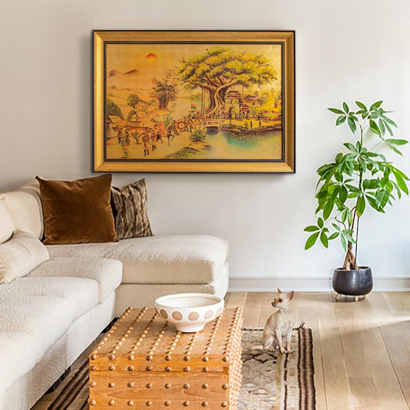 Tranh sơn mài phong cảnh truyền thống khổ lớn, hài hòa với nội thất hiện đại, mang lại sự sang trọng, tinh tế