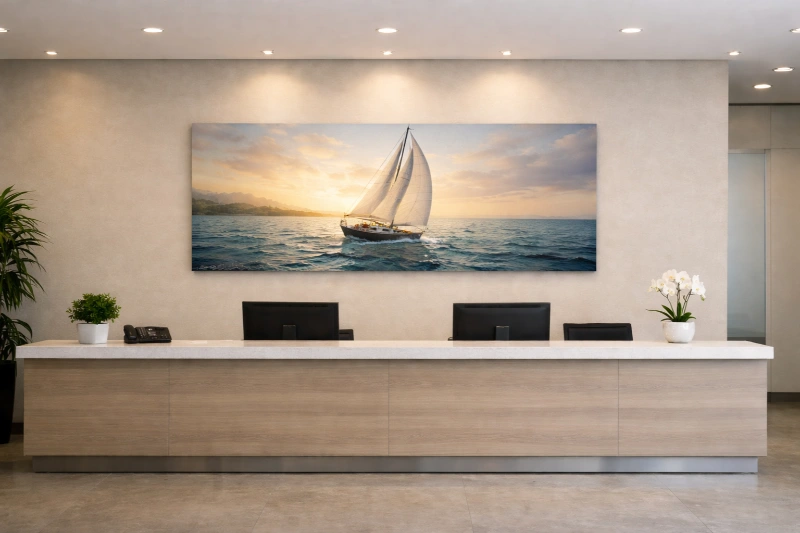 Ảnh thực tế tranh Thuận Buồm Xuôi Gió quầy lễ tân dài