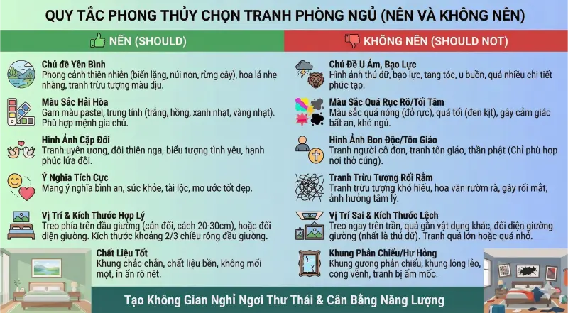 Infographic quy tắc phong thủy tranh treo phòng ngủ