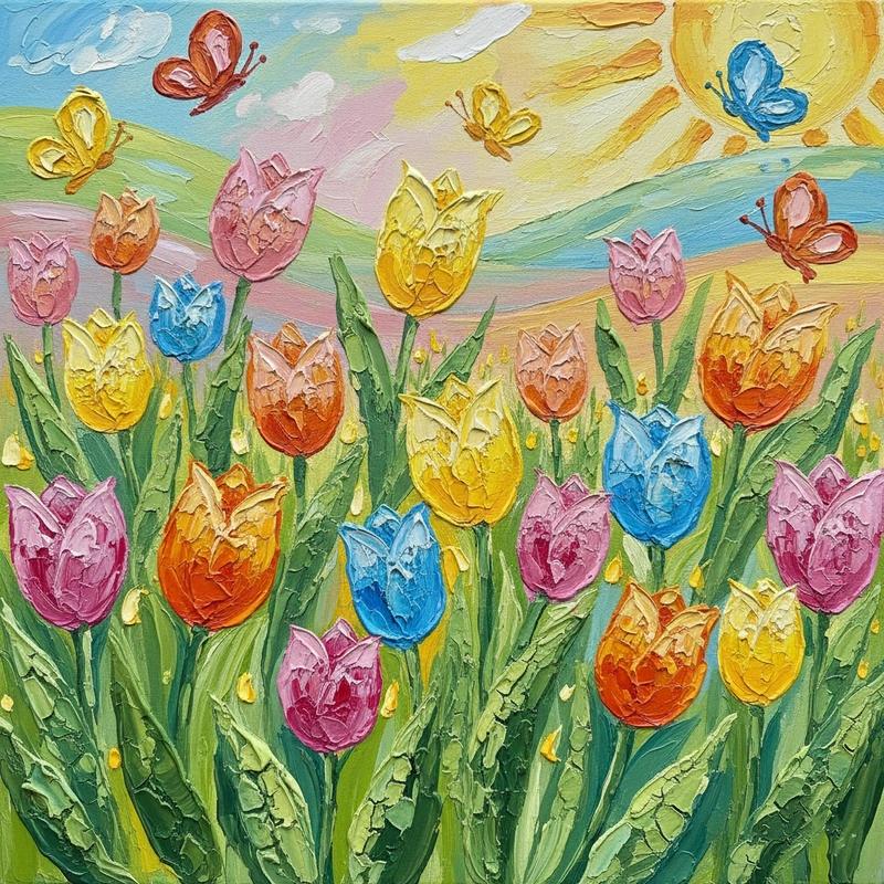 Tranh sơn dầu đắp nổi tạo hiệu ứng thị giác độc đáo cho cánh đồng hoa tulip đa sắc