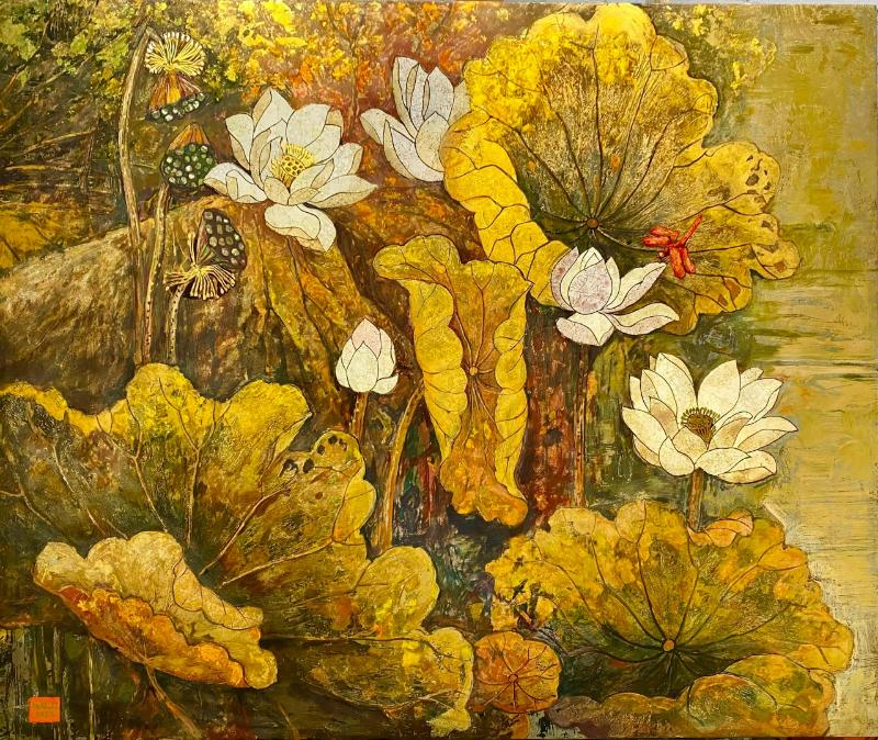 Tranh sơn mài chủ đề hoa sen mang đến sự tĩnh lặng và sang trọng 