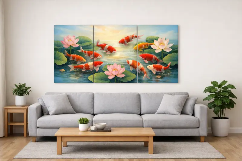 Tranh Cửu Ngư Quần Hội là gì? bảng giá cách chọn và treo 6 Tranh Cửu Ngư Quần Hội treo trên sofa 2.4m, bố cục chính diện, phòng khách