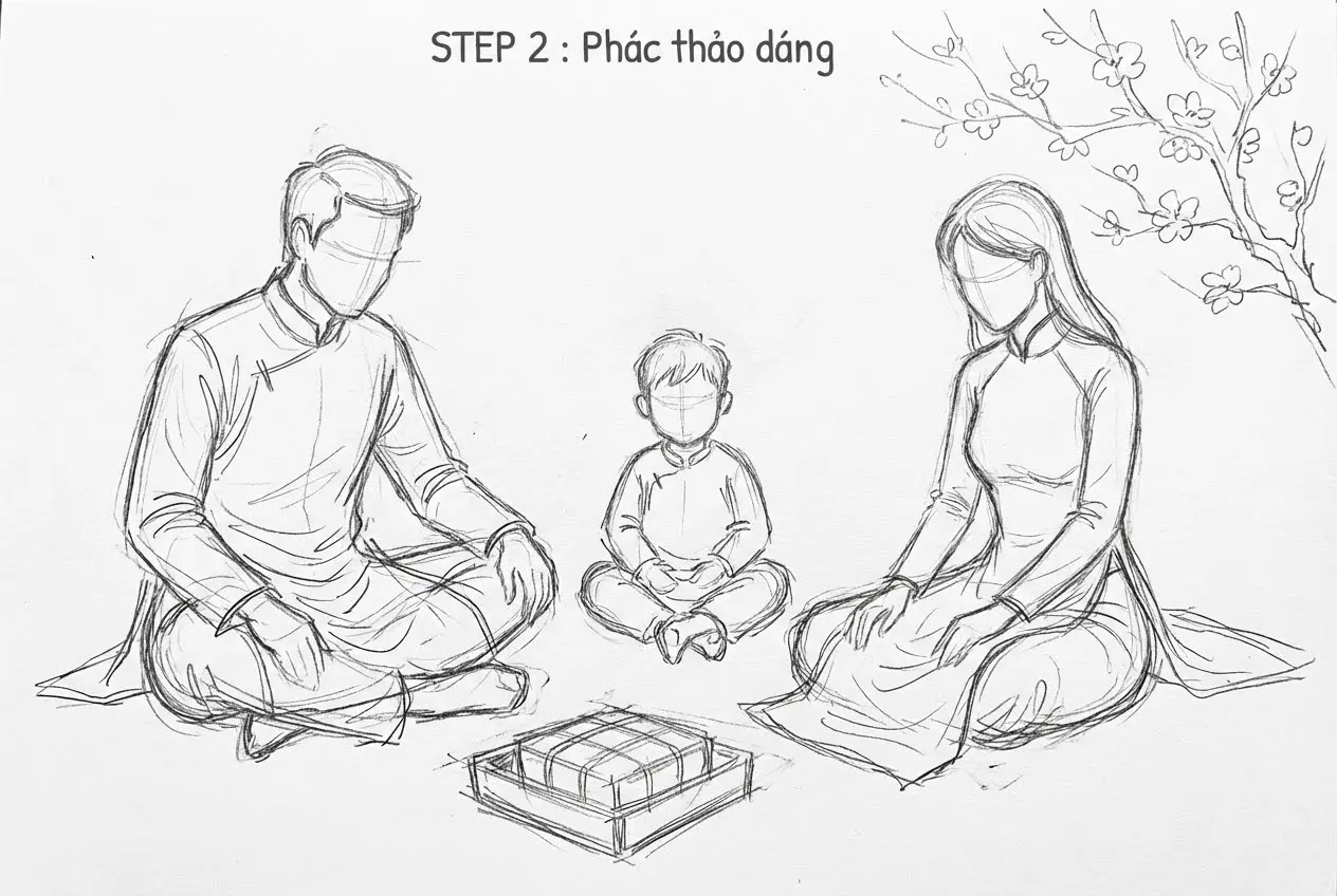 Bản vẽ chì phác thảo dáng người gia đình đang gói bánh chưng