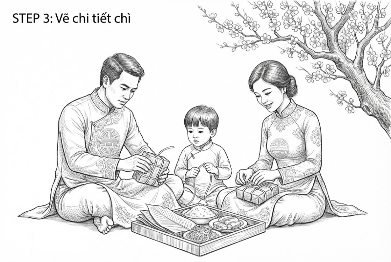 Tranh vẽ chì chi tiết khuôn mặt và lá dong gói bánh chưng
