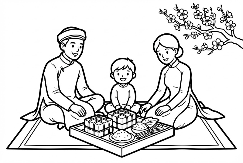 Tranh tô màu ngày Tết chủ đề gia đình sum vầy nét đen trắng