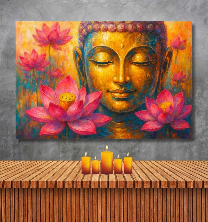 Tác phẩm sơn dầu vẽ tay tinh tế, thể hiện sâu sắc thần thái hiền hòa và chiều sâu cảm xúc của Đức Phật.