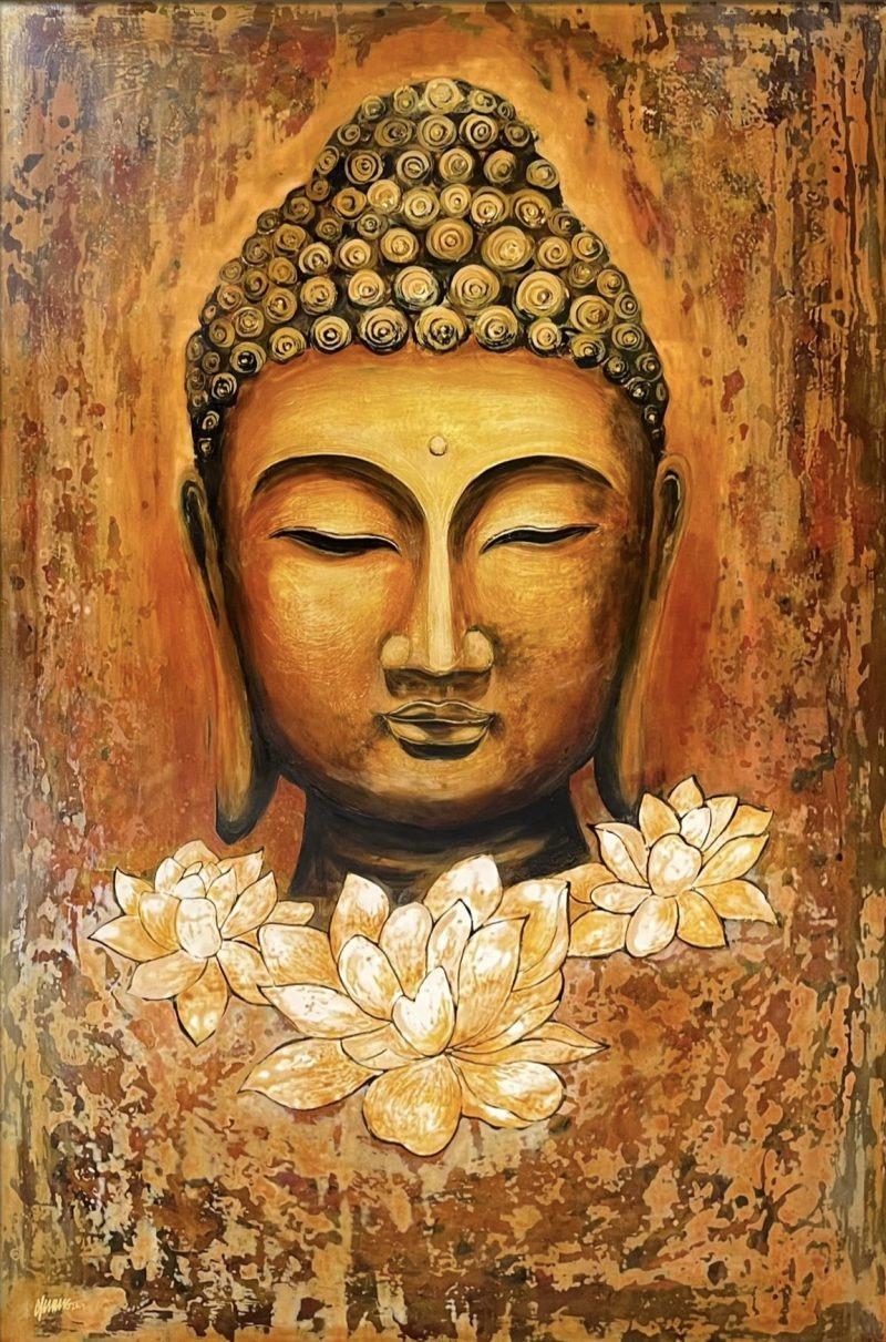 Vẻ đẹp cổ kính và trang nghiêm của tranh Phật sơn mài thếp vàng, phù hợp cho không gian thờ cúng truyền thống.