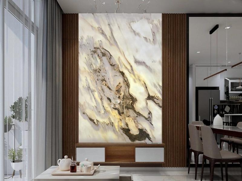 Tranh đá sơn thủy xuyên sáng giúp không gian bừng sáng và thu hút sinh khí tích cực.