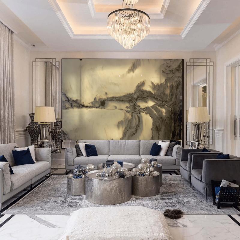 Mẫu tranh đá sơn thủy kết hợp thư pháp mang đậm dấu ấn mỹ thuật Á Đông truyền thống.