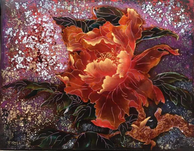 Tranh hoa mẫu đơn sơn mài chiều sâu hun hút