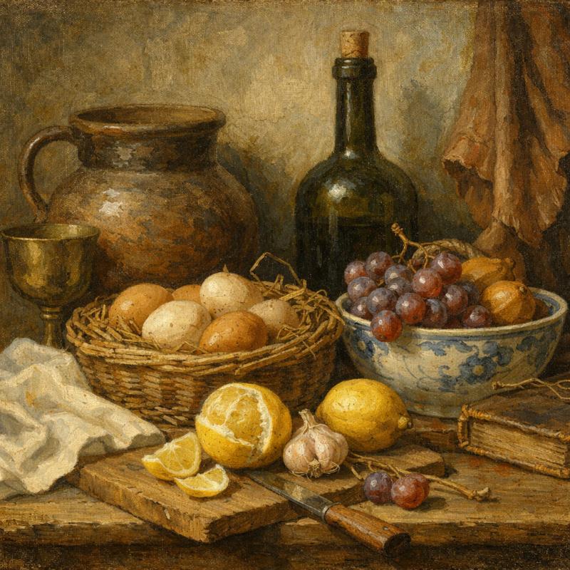 Tranh tĩnh vật cổ điển với trứng và hoa quả  có độ chi tiết cực cao và vẻ đẹp lung linh như đá quý được tạo nên từ kỹ thuật đan nét đặc trưng của màu trứng (Tempera)