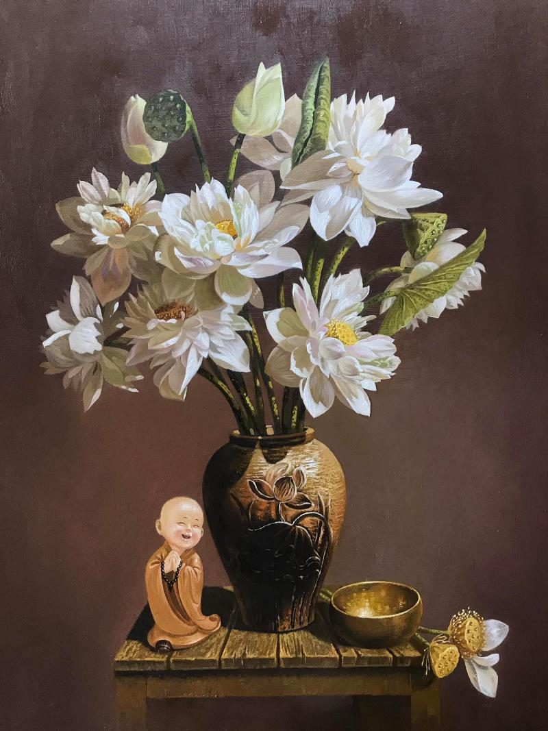 Vẻ đẹp tĩnh tại và chiều sâu của kỹ thuật sơn dầu trong tác phẩm tranh tĩnh vật hoa sen mang hơi hướng Phật giáo