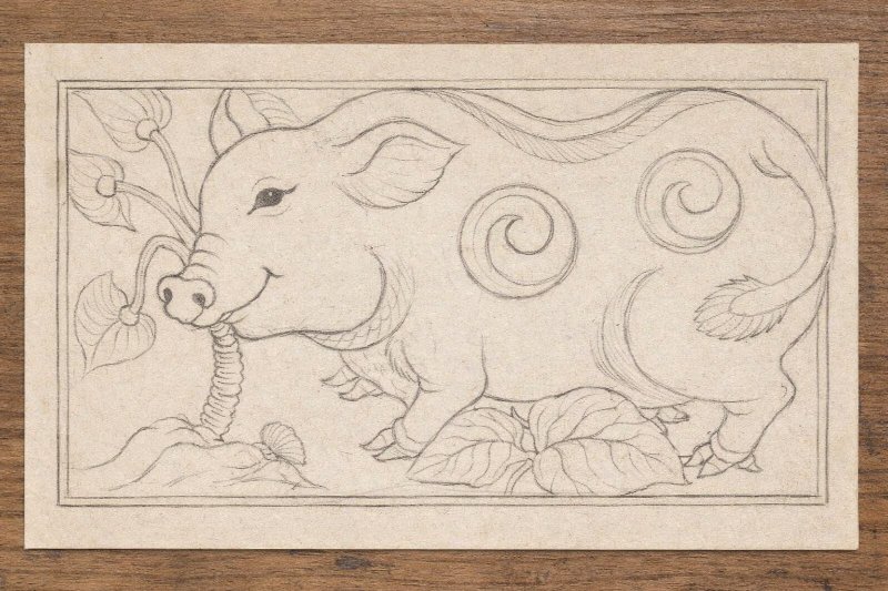 Vẽ phác họa tranh Đông Hồ lợn ăn ráy bằng bút chì 