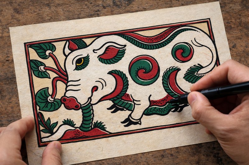 Vẽ khung tranh, đường viền bằng mực đen 