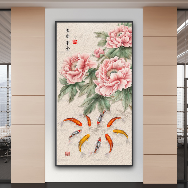 Tranh cá chép và hoa mẫu đơn tượng trưng cho tài lộc hanh thông và phú quý đủ đầy