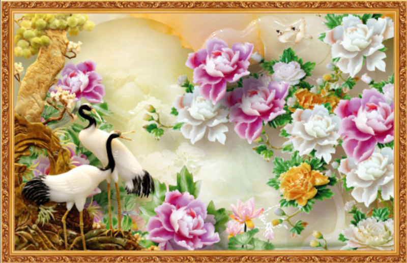 Tranh hoa mẫu đơn tùng hạc tượng trưng cho phú quý bền vững và trường thọ an khang