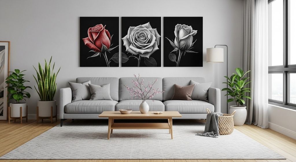 Tranh bộ 3 bông hồng treo tường sofa phòng khách hiện đại