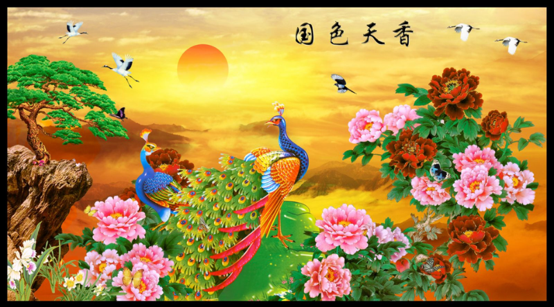 Tranh chim công sánh đôi cùng hoa mẫu đơn tượng trưng cho phú quý song hành và hạnh phúc viên mãn.