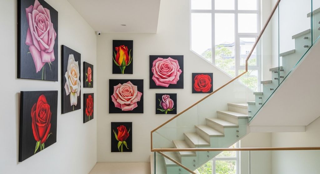 Tranh bộ hoa hồng decor cầu thang spa, thẩm mỹ viện