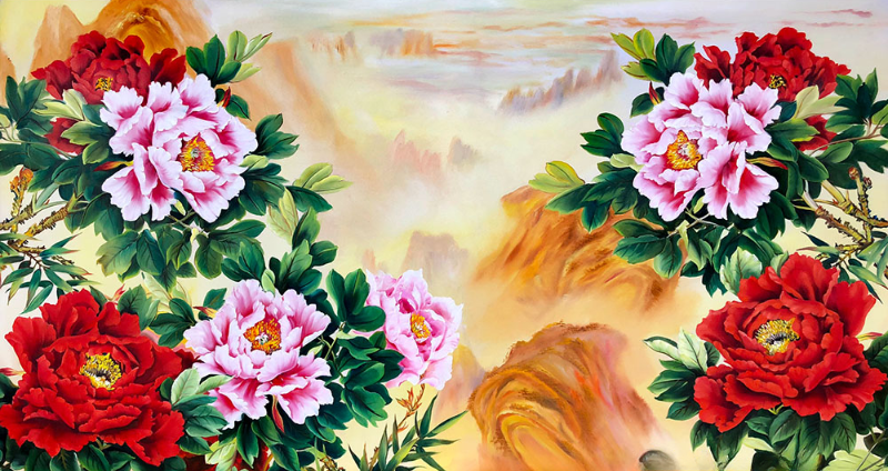 Tranh hoa mẫu đơn 8 bông tượng trưng cho phú quý viên mãn và phát tài bền vững