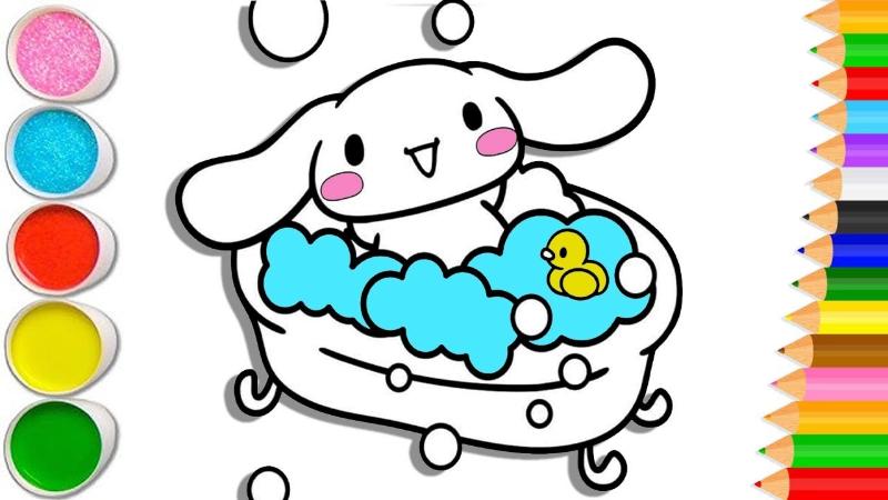 Cinnamoroll thư giãn trong bồn tắm cùng chú vịt vàng nhỏ.