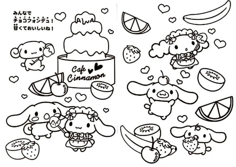 Tranh tô màu chủ đề tiệc ngọt cùng Cinnamoroll và những người bạn.