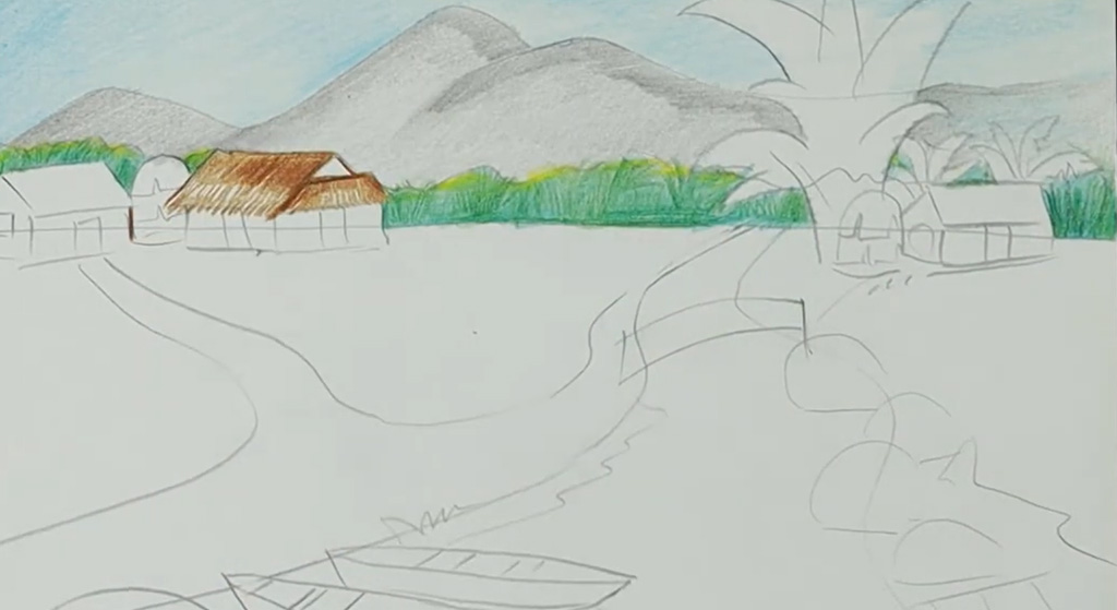 dãy núi màu xanh tím than mờ ảo phía xa