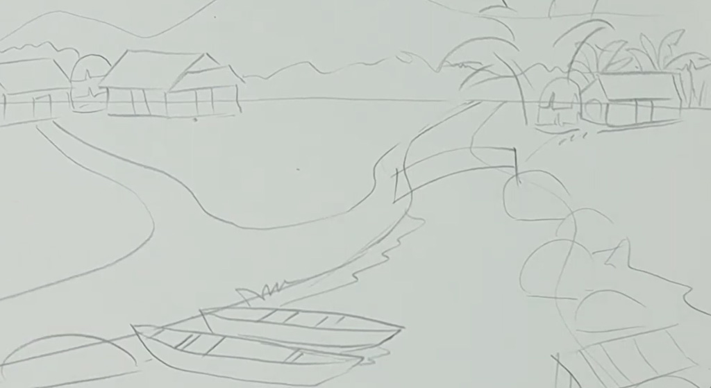 phác thảo nét chì mờ, chia rõ bố cục