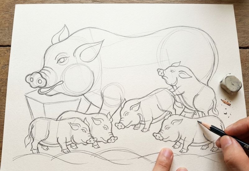 Phác thảo hình oval vẽ lợn mẹ và lợn con đàn lợn âm dương