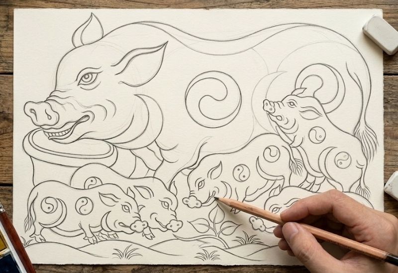 Vẽ chi tiết xoáy âm dương và khuôn mặt đàn lợn tranh Đông Hồ