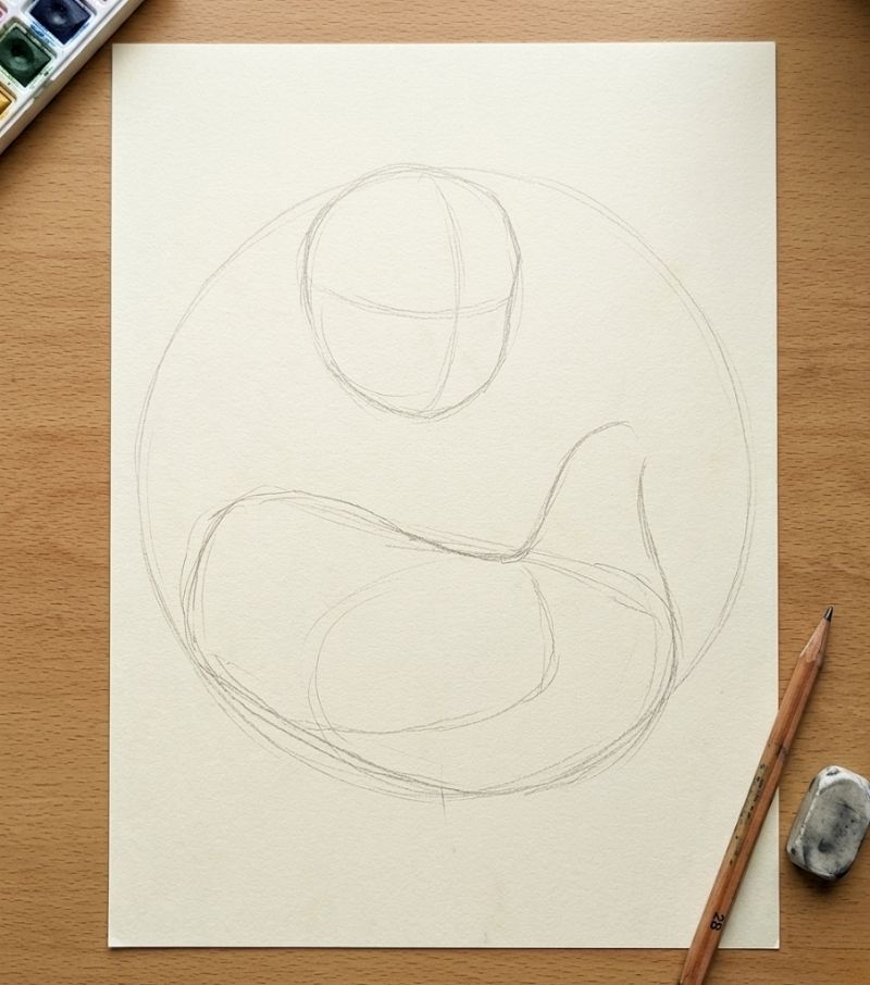 Vẽ phác thảo bố cục tròn tranh vinh hoa cậu bé ôm gà 