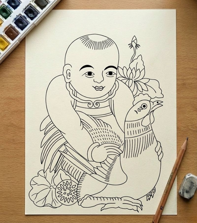 Vẽ chi tiết cơ thể cậu bé và con gà 