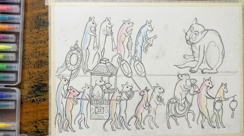 Chia bố cục trên dưới của bức tranh đám cưới chuột 