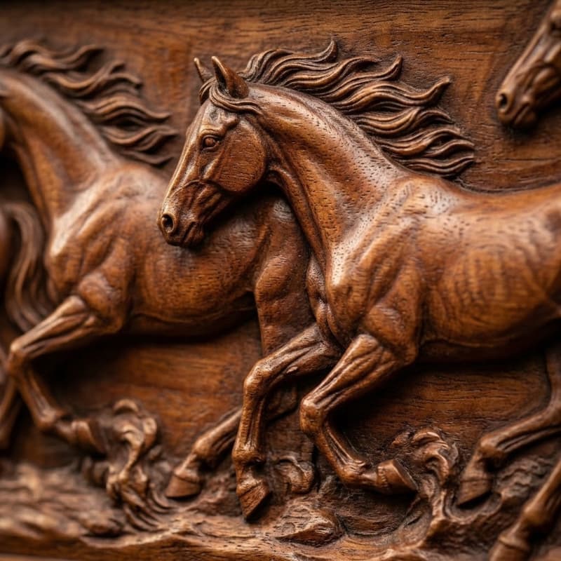 Cận cảnh đường nét chạm khắc tinh xảo của bức tranh bát mã bằng gỗ tự nhiên