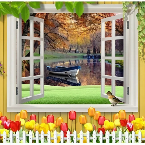Tranh cửa sổ 3D phong cảnh hồ thuyền