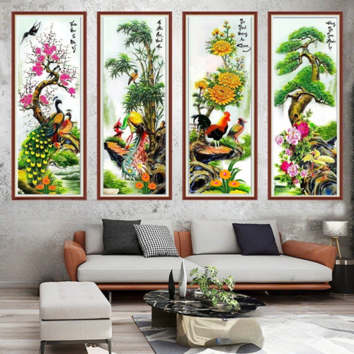 Tranh đính đá tứ quý đào trúc cúc tùng 37*100*4