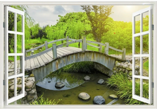Tranh cửa sổ phong cảnh cầu gỗ