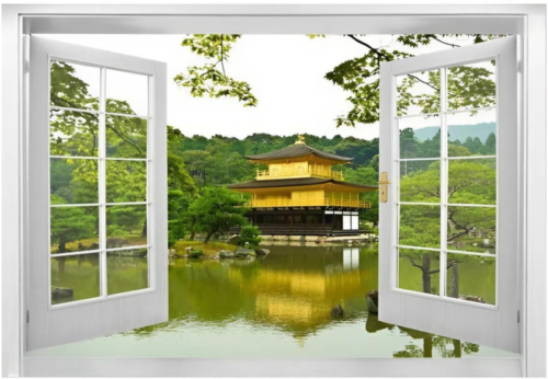 Tranh cửa sổ chùa vàng bên hồ