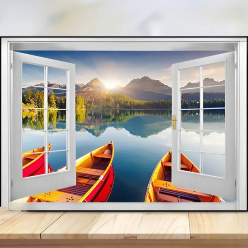 Tranh cửa sổ phong cảnh hồ núi có thuyền