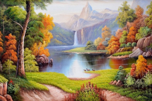 Tranh phong cảnh sơn thủy hữu tình sắc vàng mùa thu 180x80cm