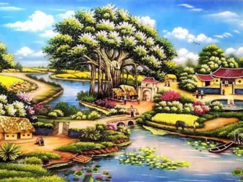 Tranh đính đá phong cảnh đồng quê 100x76cm
