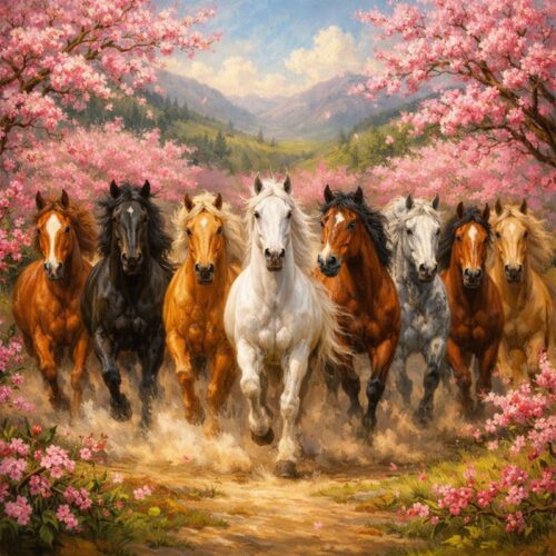 Tranh Bát Mã Đào Hoa Xuân Cảnh