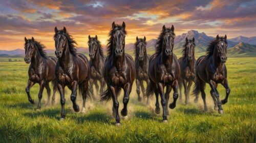 Tranh Bát Mã Thảo Nguyên Hoàng Hôn