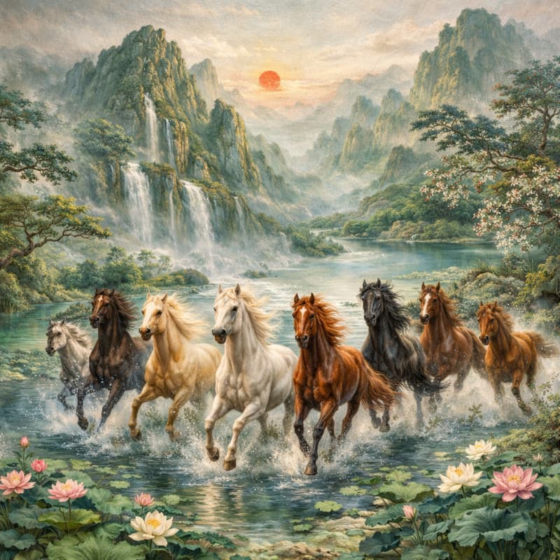 Tranh Bát Mã Thủy Mặc Kim Tuyến 2 Tranh Bát Mã Thủy Mặc Kim Tuyến