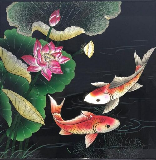 Tranh Cá Chép Hoa Sen Treo Tường Nghệ Thuật Nền Đen chất liệu sơn mài