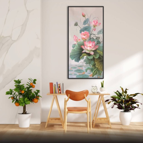 Tranh hoa sen và đàn cá chép vàng