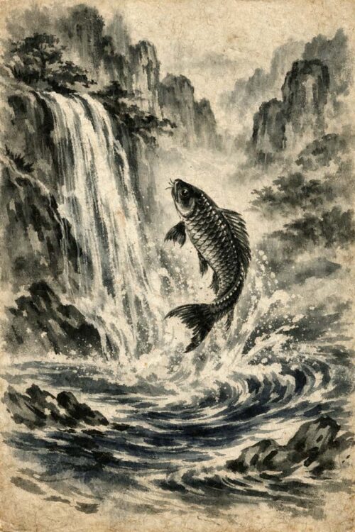 Tranh Thủy Mặc Cá Chép Vượt Thác