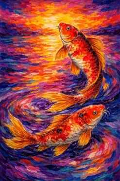 Tranh cá chép hoàng hôn phong cách sơn dầu